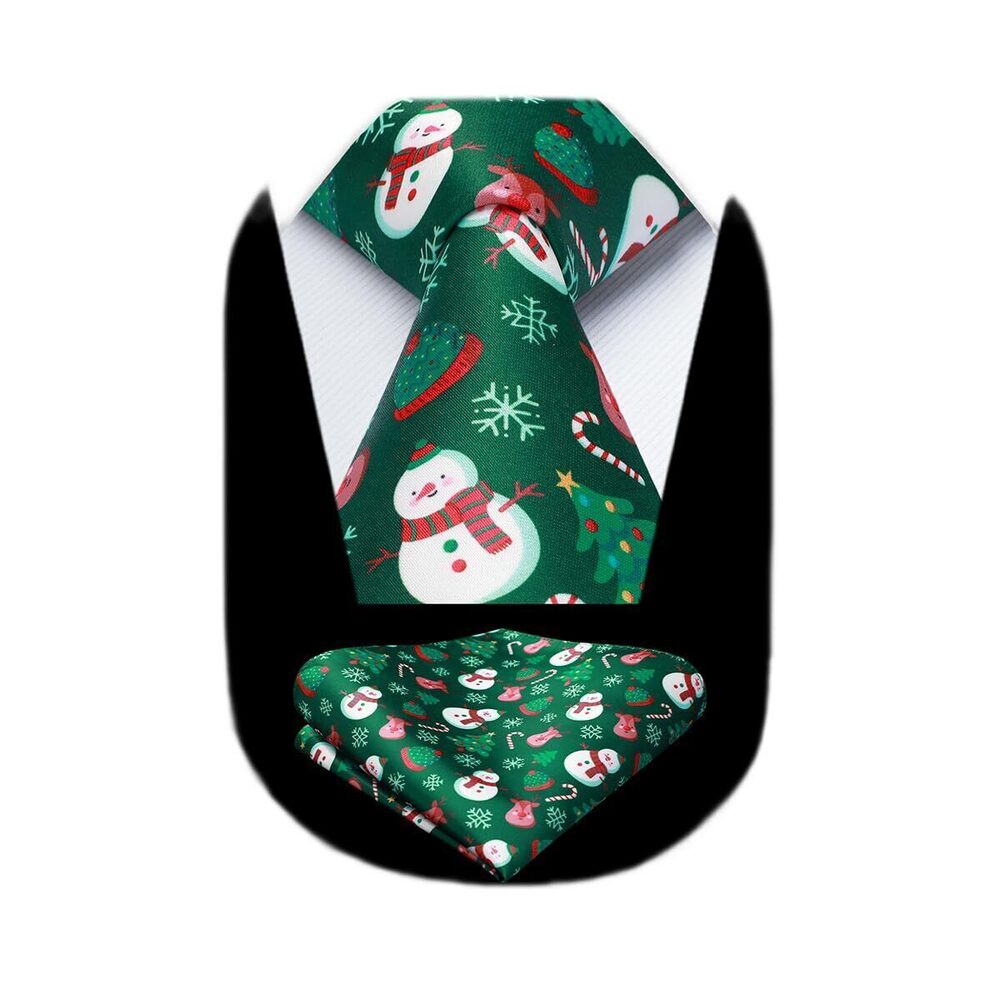 8157 Christmas Ties Necktie Silk Woven Green Tie and Pocket Square Funny